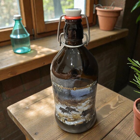 Vintage German Flip Top Glass Bottle with Handle, Hunting Scene - Picture 2 of 8
